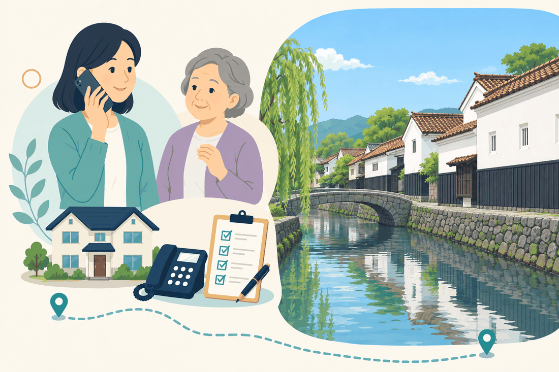 離れて暮らす娘が電話をかけ、そばに親がいる。手前に家、固定電話、確認表。奥に、白漆喰と黒い下見板張りの土蔵が並ぶ打吹玉川沿いの町並み。赤褐色の瓦屋根、垂れ下がる柳の木、川面に架かる灰色の石橋が見える