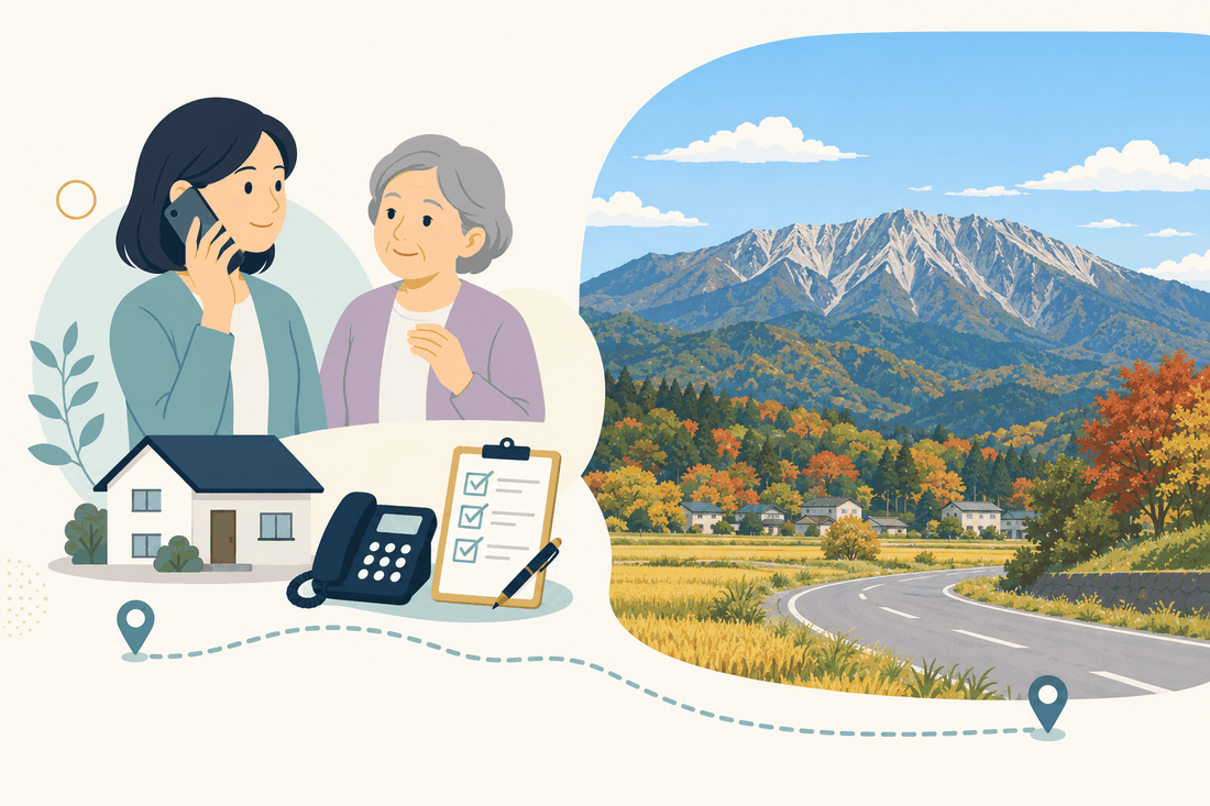 離れて暮らす娘と親、電話、確認表、紅葉した大山の山肌と田園、山あいを通る道を描いた案内イラスト