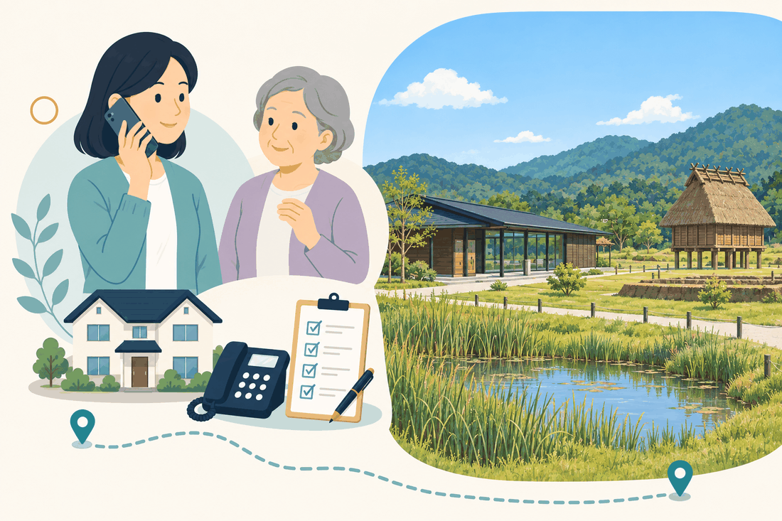 離れて暮らす娘と親、電話、確認表、青谷上寺地遺跡の復元住居と湿地を描いた鳥取市青谷町版の案内イラスト
