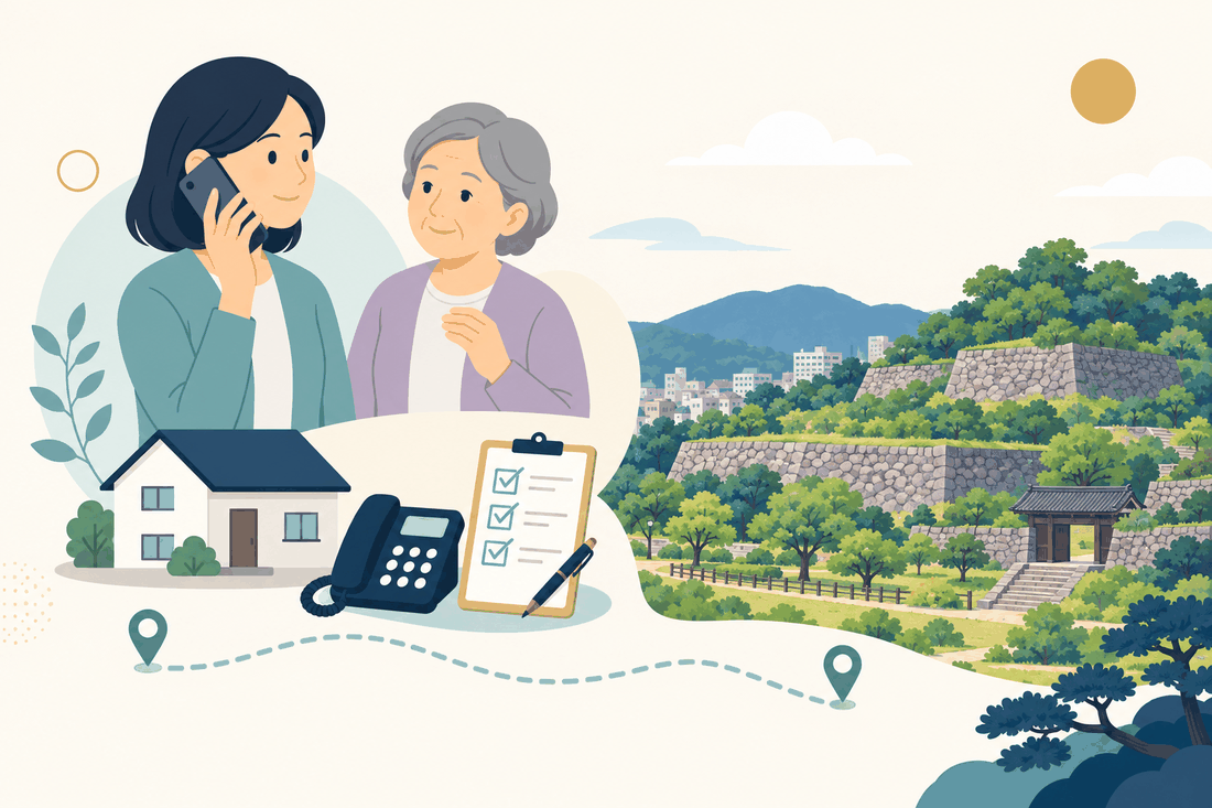 離れて暮らす娘と親、電話、確認表、鳥取城跡（久松公園の石垣）を描いた鳥取市中央版の案内イラスト
