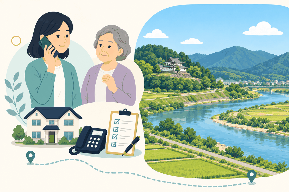 離れて暮らす娘と親、電話、確認表、千代川と河原城を描いた鳥取市河原町版の案内イラスト