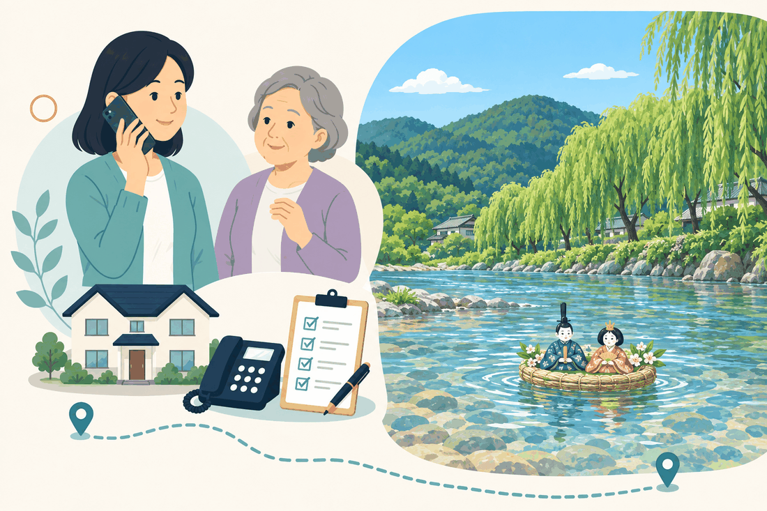 離れて暮らす娘と親、電話、確認表、用瀬の流しびなと千代川を描いた鳥取市用瀬町版の案内イラスト
