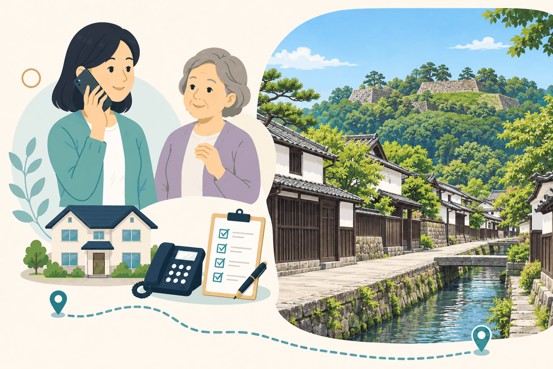 離れて暮らす娘と親、電話、確認表、白壁の残る鹿野城下町の町並みを描いた鳥取市鹿野町版の案内イラスト