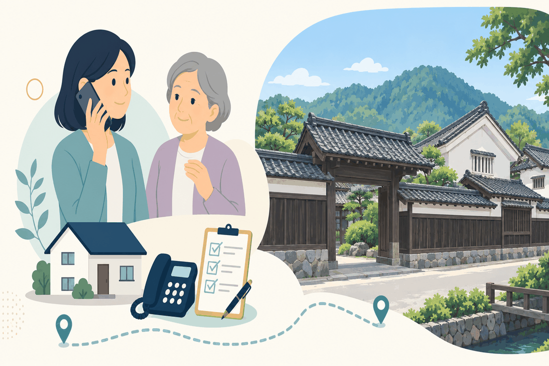 離れて暮らす娘と親、電話、確認表、山を背景に瓦屋根と白壁の門構えが連なる宿場町のような町並みを描いた智頭町版の案内イラスト