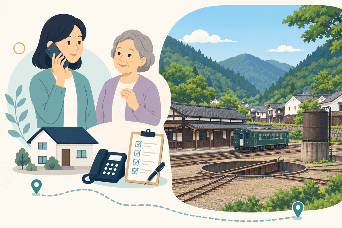 離れて暮らす娘と親、電話、確認表、若桜鉄道の木造駅舎と転車台、緑のディーゼルカーを描いた若桜町版の案内イラスト