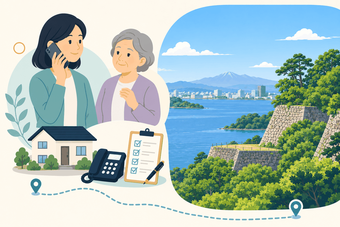 離れて暮らす娘が電話をかけ、そばに親がいる。手前に家、固定電話、確認表。奥に、緑の木々に覆われた米子城跡の石垣が連なり、中海ごしに市街地と、雪をいただいた大山の稜線が見える