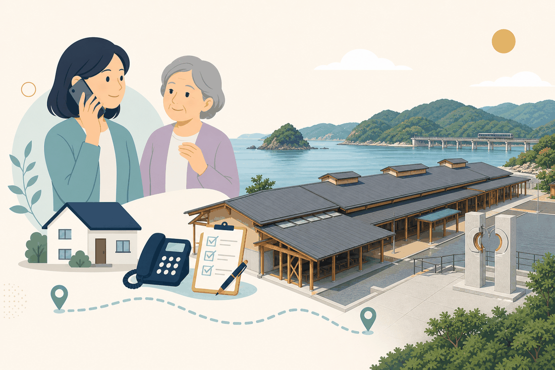 離れて暮らす子と親、電話、確認表、海沿いの道の駅と日本海を描いた阿武町版の案内イラスト