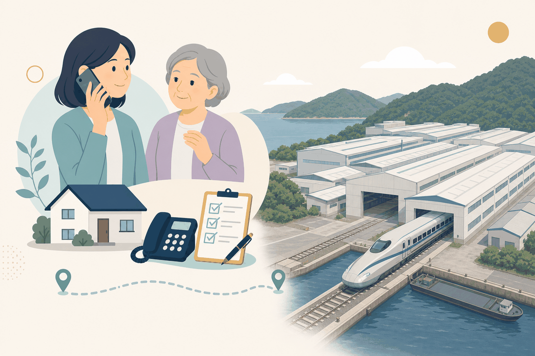 離れて暮らす子と親、電話、確認表、笠戸で造られた鉄道車両を描いた下松市版の案内イラスト