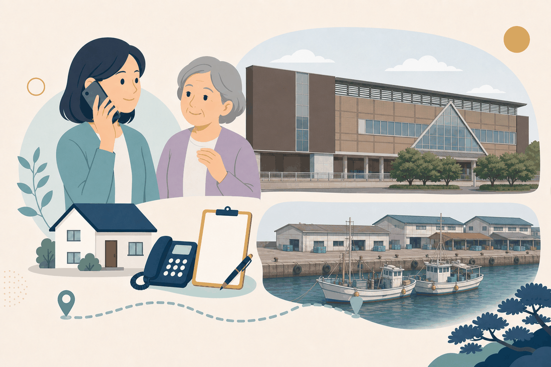 離れて暮らす子と親、電話、確認表を描いた下関市本庁西部版の案内イラスト
