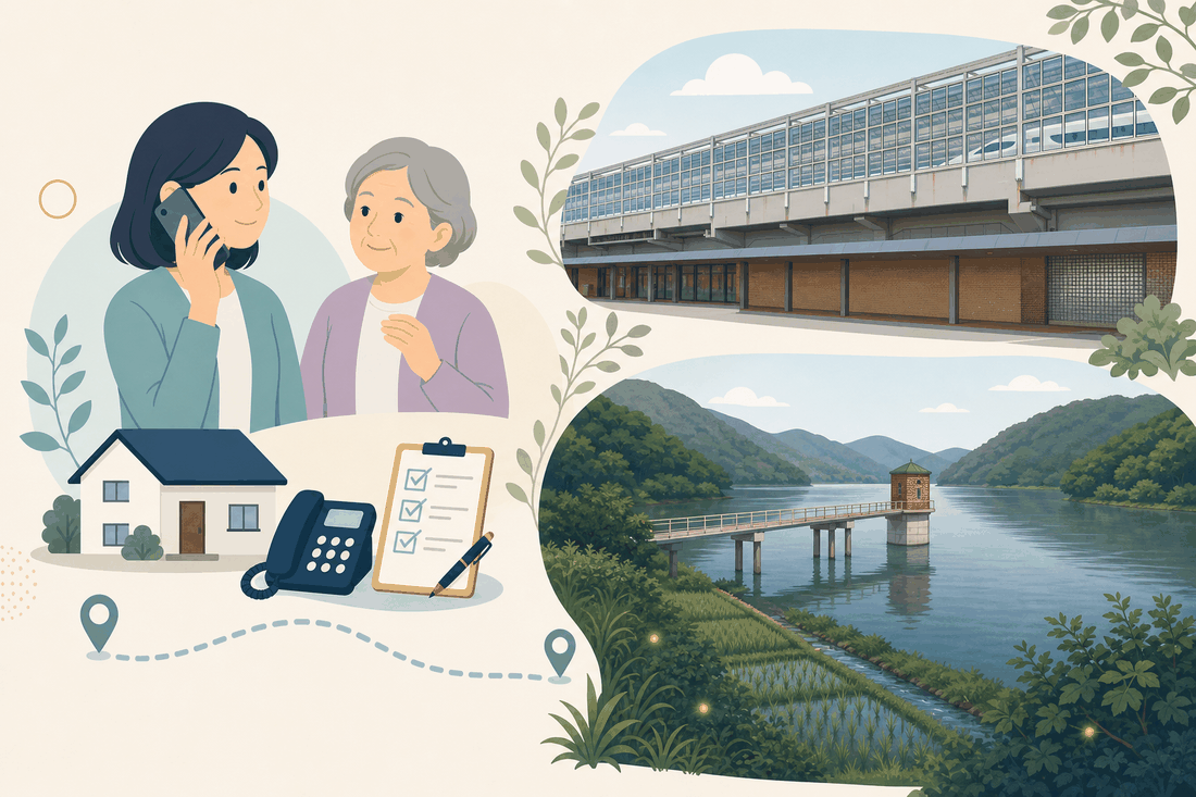 離れて暮らす子と親、電話、確認表を描いた下関市勝山・内日版の案内イラスト