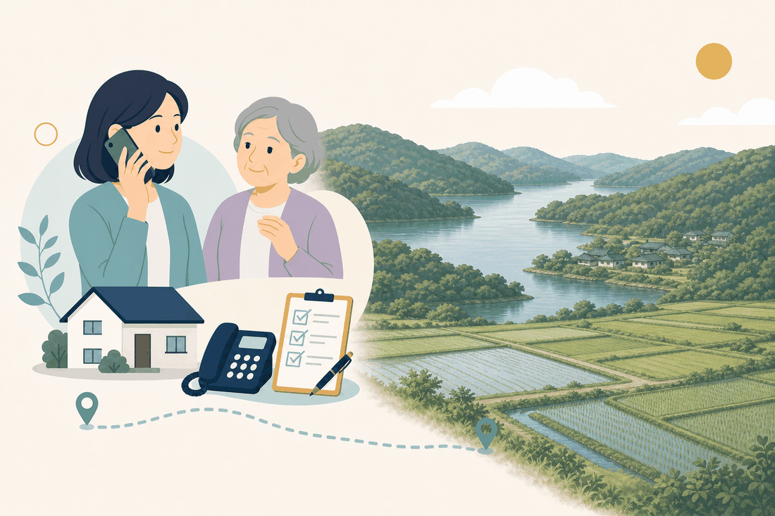 離れて暮らす子と親、電話、確認表を描いた下関市菊川・豊田版の案内イラスト