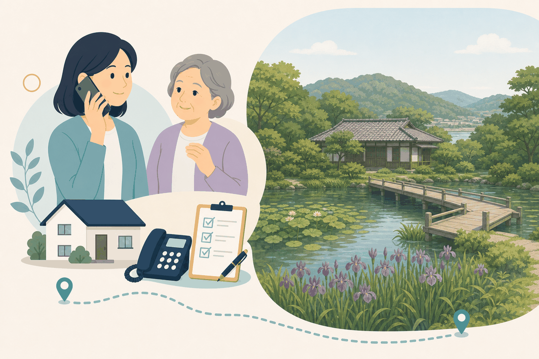 離れて暮らす子と親、電話、確認表を描いた下関市東部版の案内イラスト