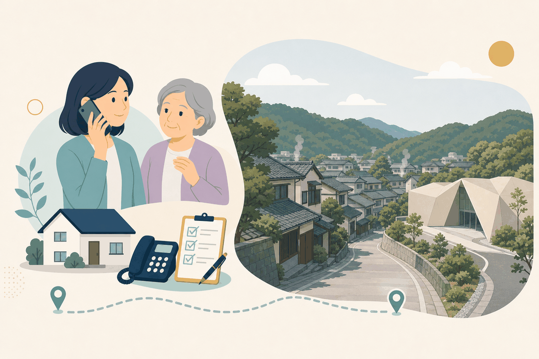 離れて暮らす子と親、電話、確認表を描いた下関市豊浦版の案内イラスト