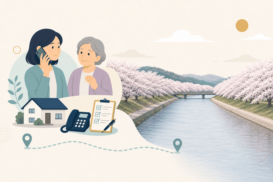 離れて暮らす子と親、電話、確認表、田布施川の桜並木を描いた田布施町版の案内イラスト