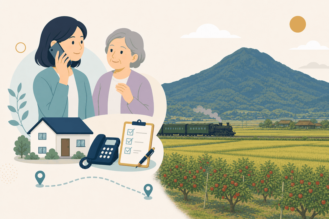 離れて暮らす子と親、電話、確認表を描いた山口市阿東版の案内イラスト