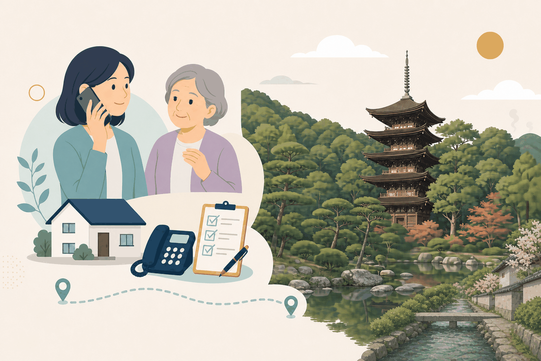 離れて暮らす子と親、電話、確認表を描いた山口市中央版の案内イラスト
