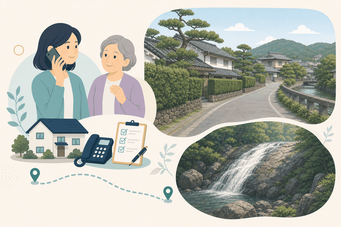 離れて暮らす子と親、電話、確認表を描いた山口市北東版の案内イラスト