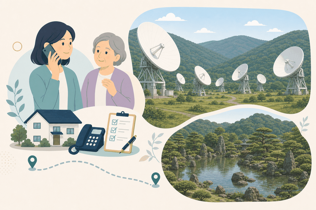 離れて暮らす子と親、電話、確認表を描いた山口市北東第2版の案内イラスト