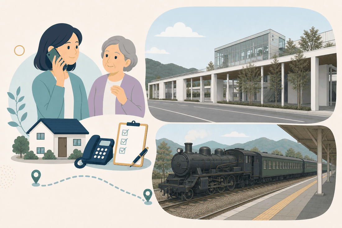 離れて暮らす子と親、電話、確認表を描いた山口市川西版の案内イラスト