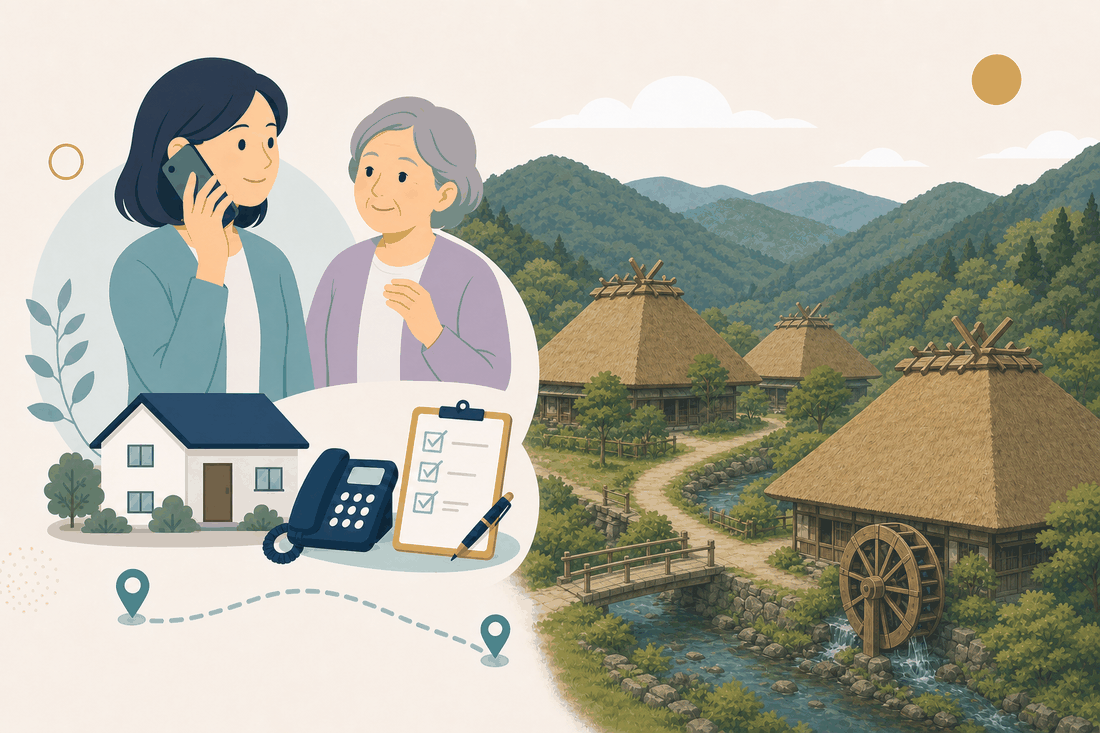 離れて暮らす子と親、電話、確認表を描いた山口市徳地版の案内イラスト