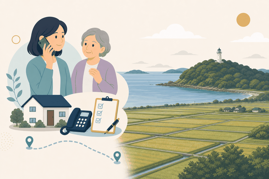 離れて暮らす子と親、電話、確認表を描いた山口市川東版の案内イラスト